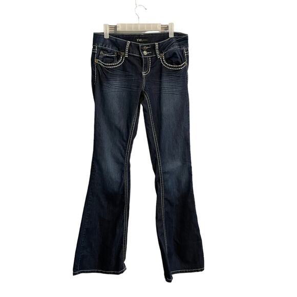 YMI Embroidered Flair Stitched Jeans Indigo Dark Blue Low Rise Y2K Size 9/Med - Picture 1 of 11